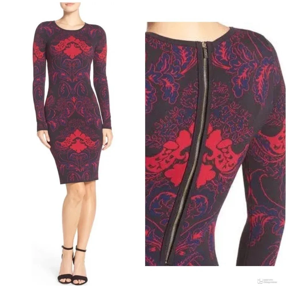 Felicity & Coco Jacquard Sweater Body-Con Dress In Teal Blue/Purple Women Large